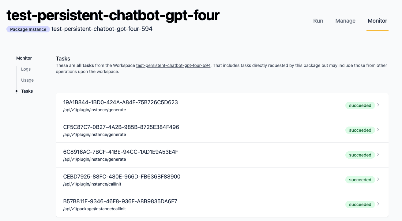 Web view of Package Instance Tasks