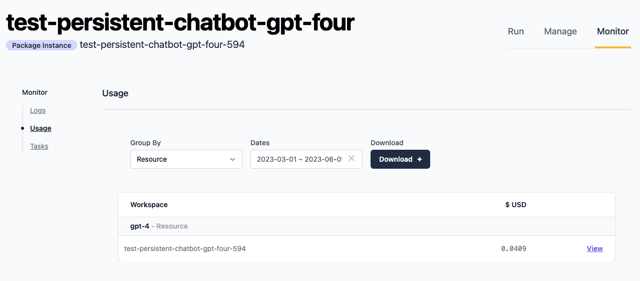 Web view of Package Instance Usage